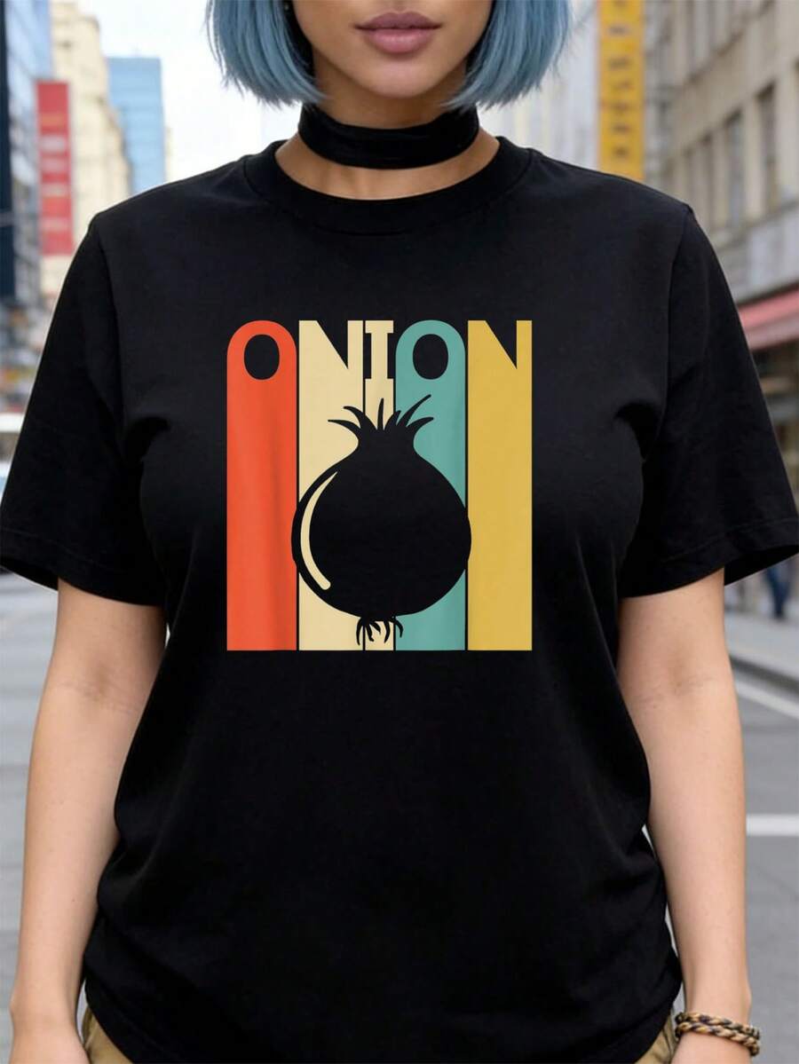 Frisches Zwiebelgemüse T-Shirt Damen T-Shirt Grafik T-Shirts Crop Tops Outfits Tops T-Shirt NVUY - Schwarz - Übersicht 1