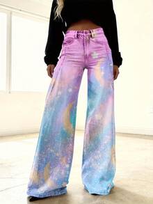 3D Women'S Jeans |   Imitation Pastel Galaxy With Stars And Moons, High-Waisted, Fashionable And Casual, Fall/Winter Retro Style, Long Length, Slim Fit - 彩色 - 查看 2