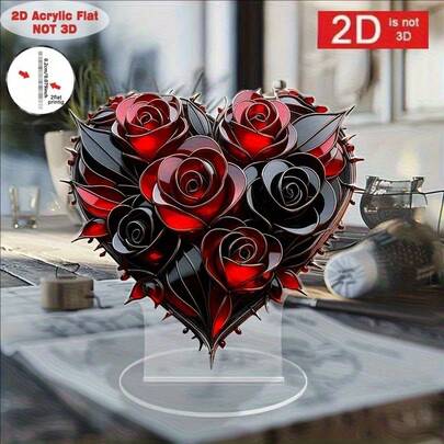 2D Flat, Bohemian Style Acrylic Heart-Shaped Rose Decor, Red And Black Roses, Suitable For Home, Office Decoration, Wedding, Anniversary And Other Special Occasions