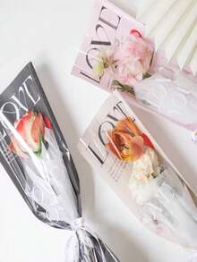 20pcs/Pack LOVE Design Transparent Flower Bouquet Gift Bags, Colorful Flower Packaging Bags, Single Rose Packaging Bags, Mother's Day Gifts, 520 Bouquet Bags. Suitable For Single Rose, Valentine's Day Gift Bags. - Black - 20pcs - View 6