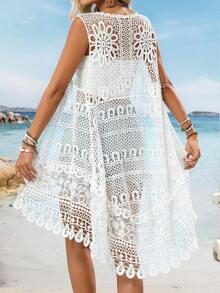 Crochet Lace Sleeveless Long Cover Up, Bohemian Style Casual Knit Coverup White Spring - White - View 2