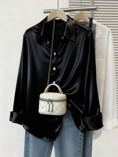 Camisa de satén con botones de estilo casual, nueva llegada, tallas grandes, color negro, primavera