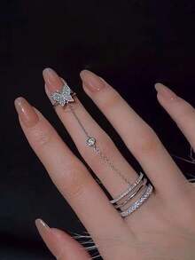 1pc Fashionable Elegant Butterfly Tassel Rhinestone Chain Knuckle Ring, Suitable For Women's Daily Wear, Party And Banquet