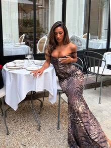 性感豹纹开衩修身鸡尾酒礼服，圣诞派对礼服，吊带派对礼服，春季婚礼礼服 - 棕色 - 查看 7