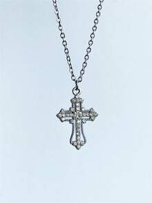 1件简约时尚水钻十字架吊坠不锈钢项链，适合日常佩戴，男女皆宜，派对饰品 - 銀色 - 查看 5