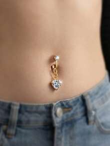 Fake Belly Button Ring Clip-On For Women - CZ Dangle Heart Non-Piercing Jewelry - Golden - Golden - View 4