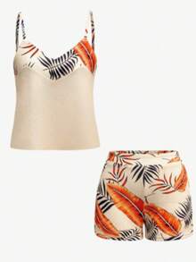 优雅新款时尚春夏吊带V领树叶印花连体裤，休闲度假可爱系带拉链露背沙滩两件套 - 杏色 - 查看 6