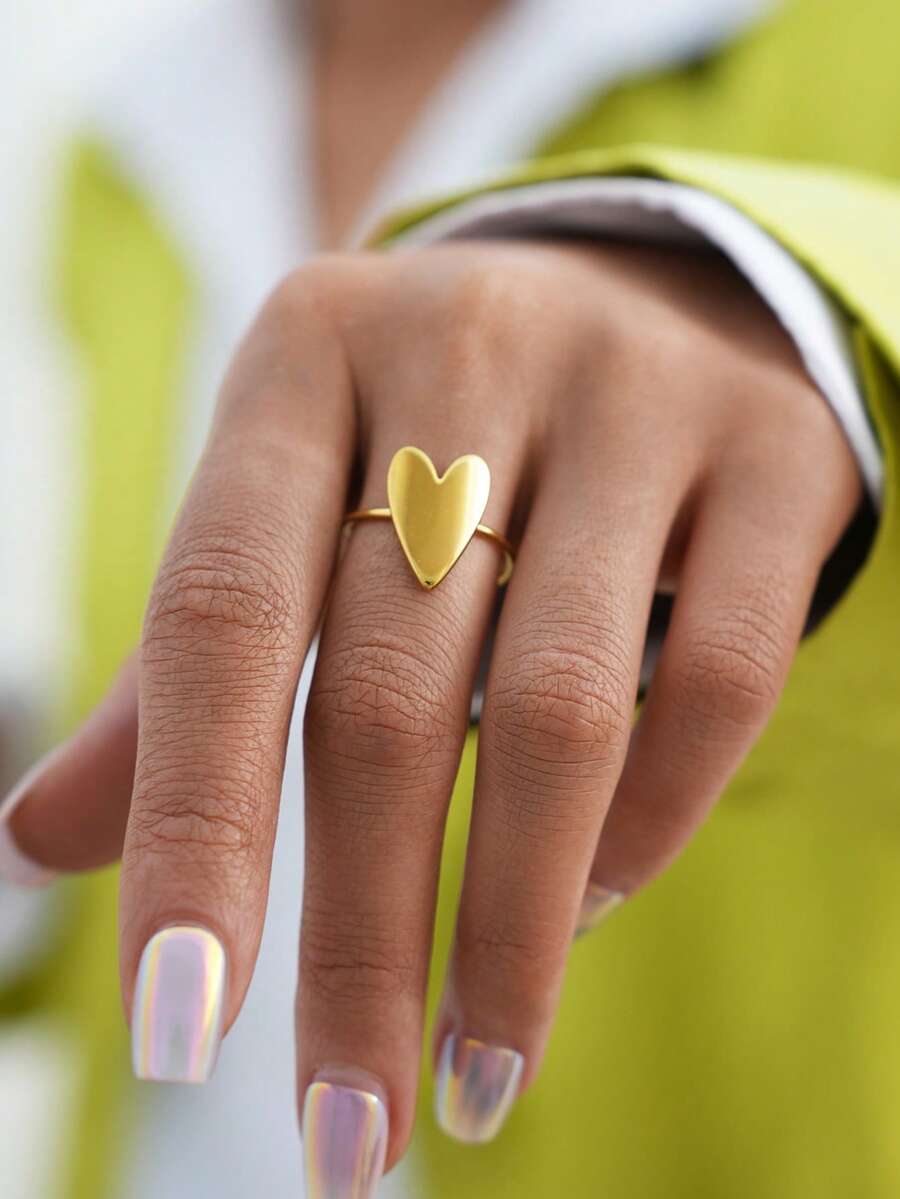Frminee 1 pieza Anillo de acero inoxidable con baño de oro con forma de corazón, un elegante accesorio de mujer para bodas y fiestas, un anillo de declaración, un anillo de compromiso. - Dorado - Ver 1