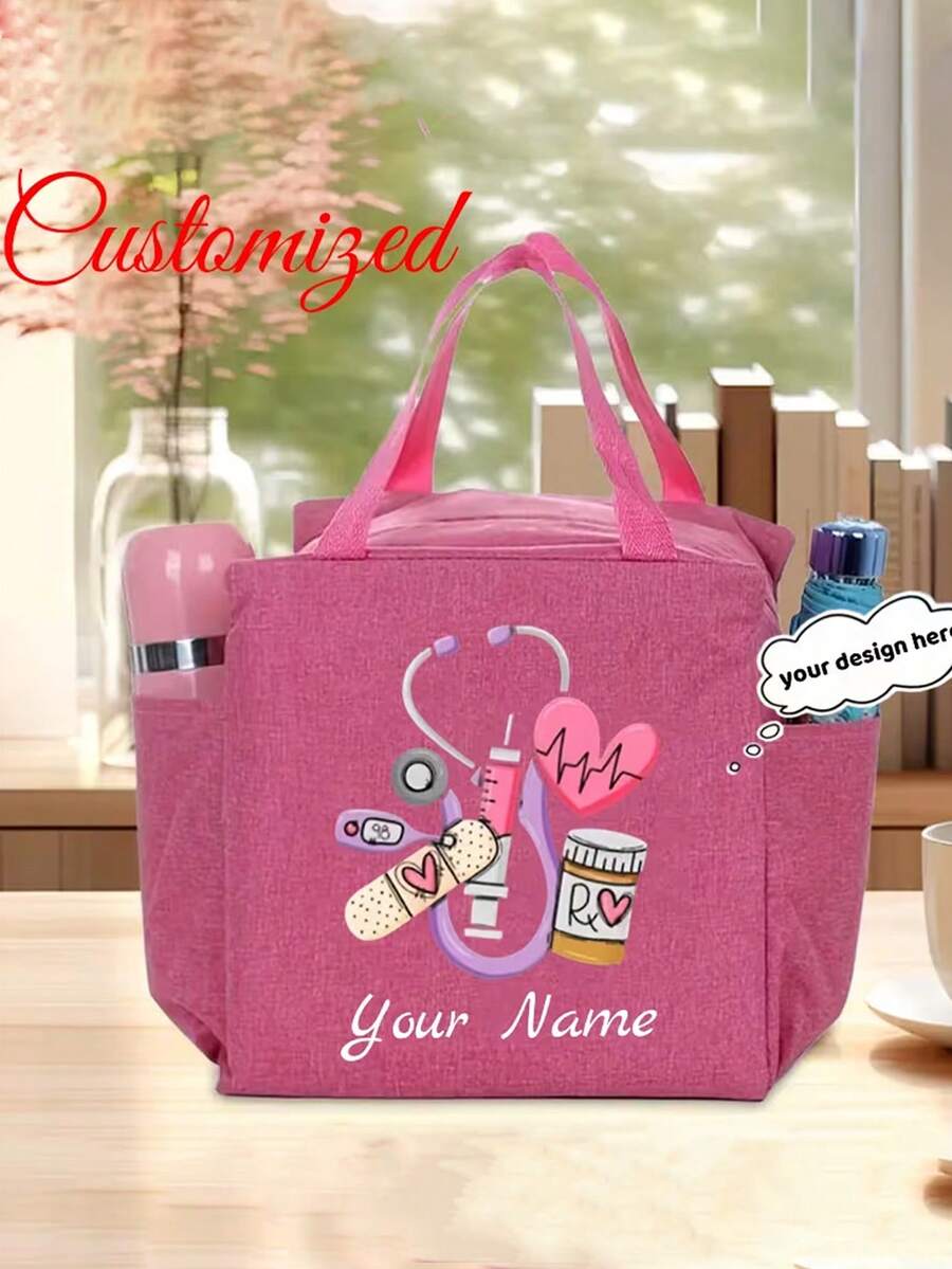 1pc Customized Name Nurse Tote Bag,Personalized Stethoscope Tote Bag, Personalized Lunch Bag With Nurse-Themed, Custom Name, Themed Design With Heartbeat & Stethoscope Print, Portable Insulated Lunch Bag Double Pocket Lunch Bag