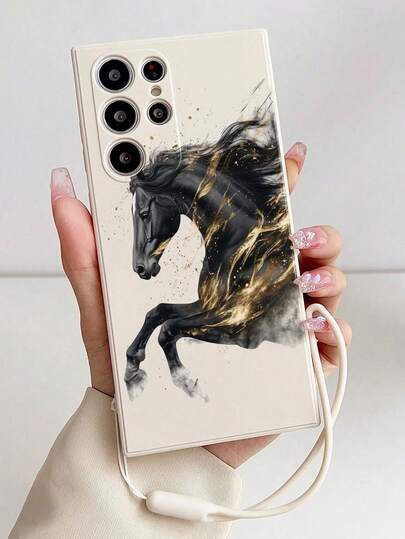 Perforated Straight Edge Black Horse Painted Thickened Silicone Wrist Strap Shockproof Painted Phone Case Compatible With IPhone 17pro/17Air /17/17promax16/11/16pro/16plus/16promax, Galaxy S25/S25PLUS/S25 Ultra/A16/A36/A26/A56/A50/A12/A32, 11/12Pro/12/12X/13Pro/14Pro/15Pro/, Redmi 10/9/Note9/12c/Note11pro/Note8Pro