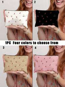 轻便樱桃蝴蝶结化妆包 - 时尚樱桃蝴蝶结印花化妆包，轻便拉链化妆袋，旅行洗漱收纳包，多功能洗漱包，无香型，男女通用，不防水，化妆品收纳袋，迷你化妆包，旅行化妆箱，化妆刷收纳袋 - 彩色 - 查看 1