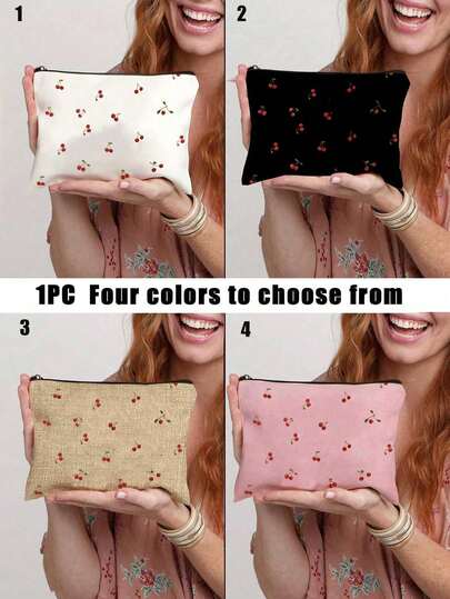 Lightweight Cherry Bow Makeup Bag - Fashionable Cherry Bow Print Makeup Bag, Lightweight Zipper Makeup Pouch, Travel & Toiletry Organizer, Multi-Functional Wash Bag, Unscented, Unisex, Non-Waterproof, Cosmetic Storage Bag, Mini Makeup Bag, Travel Makeup Case, Makeup Brush Holder