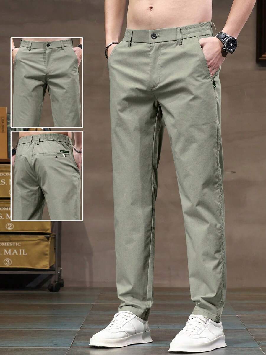 Pantalones de color liso con detalle de cono para hombres, para el otoño - Verde militar - Ver 1
