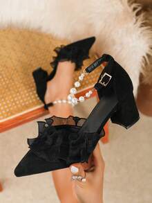 春季新款时尚女士尖头婚鞋，镂空粗跟蝴蝶结休闲舒适鞋 - 黑色 - 查看 1