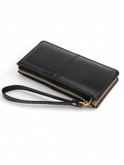 1pc Women's Fashion Personalized Long Soft Leather Large Capacity Multifunctional Wallet, Measuring Handbag, Mobile Phone Bag, Simple Yet Stylish, Convenient Lanyard Wallet, Solid Color PU Leather