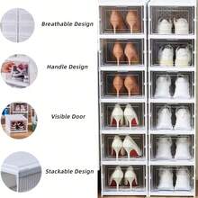 12 Tier Clear Shoe Storage Boxes Plastic Stackable Organiser Containers Bins, DIY Easy Assembly, Sturdy & Durable, Space Saving, White Door Frame - White - View 10