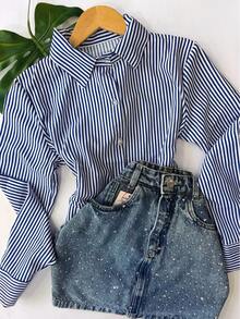 Polyester Button-Down Shirt, Everyday Wear, Spring/Summer/Winter - sọc xanh hoàng gia - Xem 3