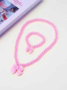 2pcs/Set Girls Cute Bow Heart Pendant Pearl Beaded Bracelet Necklace Jewelry Set, Suitable For Holiday Party, School, Birthday Gift