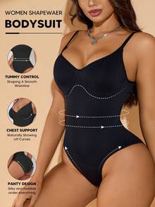 1pc Women Minimalist Tummy Control Bodysuit, Slim Waist, K-POP Suitable For Base Layer Mardi Gras Outfits - 黑色 - 查看 4