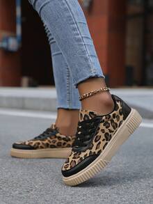 Women's Leopard Print Casual Sneakers, Comfortable Outdoor Driving Shoes, Running Shoes, Hiking Shoes, Skateboard Shoes, Low-Top Lace-Up - Mocha Brown - View 9