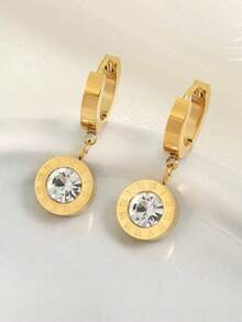 1pair Stainless Steel Round Cubic Zirconia Roman Numeral Drop Earrings, Rhinestone Decor Arabic Number Earrings For Ladies Jewelry Dating Gifts Daily Wear Jewelry - Gold - View 2