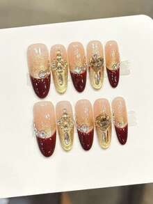 10PCS Long Oval Fake Nails With French Gold Red Tip Design Rhinestone Decor For Party Wedding Nail Supplies - Multicolor - View 4