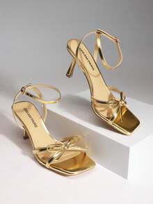 Women Stiletto Heeled Sandals With Bowknot Decor, Fashion Kitten Heels Square Open Toe Ankle Strap Heeled Sandals For Wedding Party Evening - Vàng - Xem 4