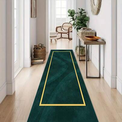 1pc Green Golden Edge Mat, Simple Geometric Mat, Wedding Floor Mat, Moroccan Strip Floor Mat, Nordic Simple Retro Light Pattern Print Strip Mat, Bohemian Geometric Corridor Mat, A Rectangular Corridor Foyer Floor Mat, Bedside Mat, Suitable For Home Outdoor Corridor Use, Home Decoration Room Decoration