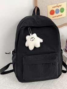 黑色简约百搭大容量女士单肩包，休闲简约风格背包，适合大学生，配有可爱吊坠 - 黑色 - 查看 2