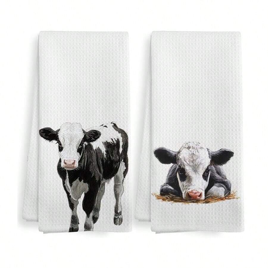 Soft Knitted Farmhouse Cow Print Kitchen Towel, Highly Absorbent Cartoon Design, Machine Washable Reusable Dish Cloth For Home, Kitchen, Bathroom, Car, Window Cleaning - Multicolor - View 1