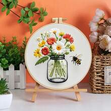 1 Set 11CT Cross Stitch Embroidery Kit, DIY Handmade Embroidery, Gramophone, Hot Air Balloon, Bee, Vase, Floral, With 3-Strand Thread, Bamboo Embroidery Hoop, Pattern Chart