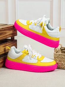 Bộ 3 đôi giày thể thao nhiều màu sắc lấy cảm hứng từ Dopamine - Trắng, Vàng, Hồng, giày trượt ván ngoài trời thời trang với đế ngoài màu hồng thanh lịch, buộc dây, mũi tròn, cổ thấp, đa năng, phù hợp cho các dịp lễ, quà tặng Ngày Valentine, đi chơi thường ngày, dự tiệc, giày thể thao nữ. - Nền màu trắng, vàng và đỏ hồng - Xem 7