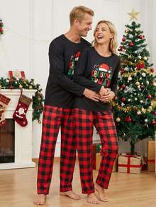 Family Matching Christmas Pajamas, Hat  Letter Print Long-Sleeved Tops + Plaid Pattern Trousers Sleepwear Outfits - Black and Red - View 3