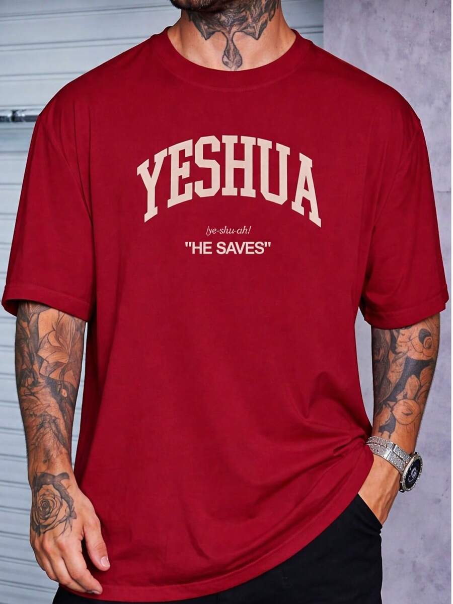 Men's Yeshua Cotton Shirt With Crew Neck And Print - Red - View 1
