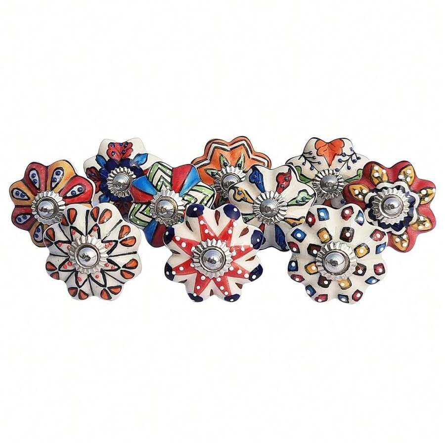 Royal Kraft Vintage Multicolor Hand Painted Ceramic Pull Knobs For Kitchen Cabinet, Door & Drawer, Wardrobe, Cupboard (Set Of 10) Sknob003 - Sknob003 - 查看 1