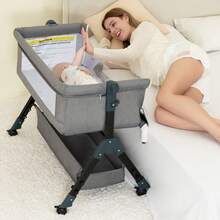 3-In-1 Crib Side Bassinet, Bedside Crib, Baby Bassinet With Storage Basket And Mosquito Net, Easy To Fold Bedside Adjustable Height Portable Crib For Infant/Baby/Newborn, Good Thing For Child Growth, Baby Need,Baby Stuff, Essential For New Mothers,Newborn Gift,Baby Christmas Gift - 灰色 - 查看 9