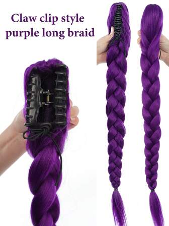 28-Inch Long Purple Synthetic Fiber Braided Wig With Clip-On Ponytail, Suitable For Cosplay, Halloween And Christmas