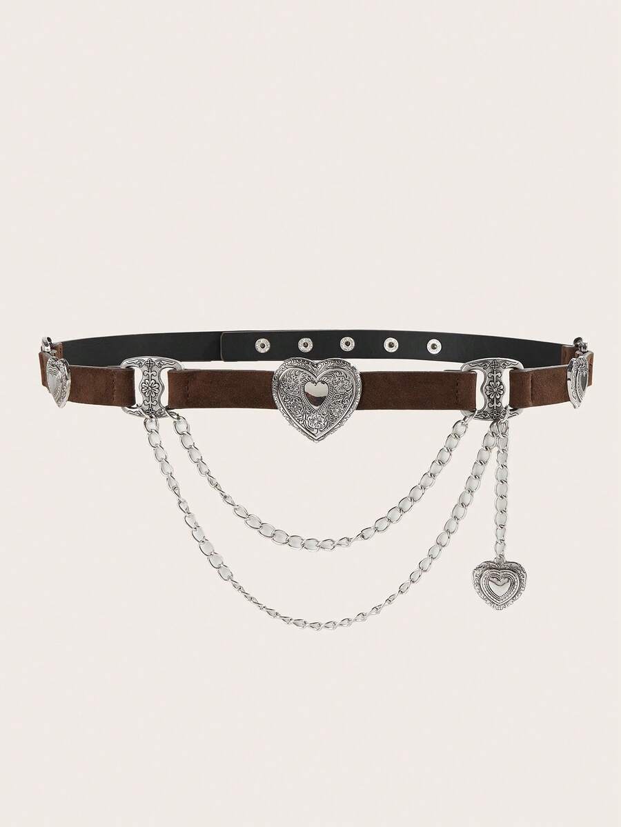 1pc Fashionable Bohemian Heart Tassel Pendant Velvet Women's Belt, Elegant Chain Decor Heart Rivet Patchwork Belt, Suitable For Dresses, Pants, Casual Wear, Party, Date, Street, Campus, Music Festival, Valentine's Day Gift - Coffee - View 1