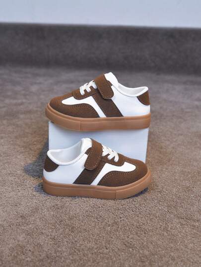 1 Pair Kids' Fashion PU Leather Patchwork Round Toe Low-Top Casual Sneakers, Suitable For School And Everyday Wear, All Season