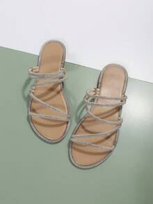 Summer New Round Toe Slip-On Strap Criss-Cross Glass Rhinestone Flat Sandals, Women Outdoor Beach Flip Flops - Apricot - View 5
