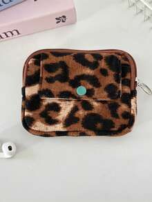 Corduroy Flip Cover Card Holder & Coin Purse, Multi-Functional Leopard Print Organizer Pouch Women's Portable Lipstick & Cosmetic Bag - Multicolor - View 7