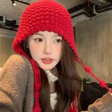 Women's Hand-Crocheted Knit Hat - Adorned With Fringe And Pom-Poms, Stretchy, Portable, And Adorable Beach Hat - A Must-Have For Vacations And Travel - 紅色 - 查看 6