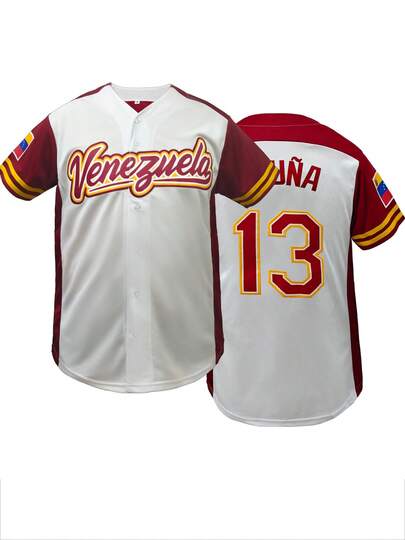 男士棒球衫，13号，红白配色，刺绣字母，宽松V领短袖纽扣运动上衣，适合街头嘻哈、棒球、高尔夫日常锻炼