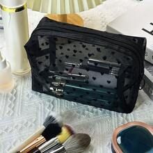 Heart Print Makeup Bag, Large Capacity Grid Toiletry Organizer, Cute Quilted Cosmetic Bag For Women & Girls, Travel Essential Storage Pouch - màu đen - Xem 5
