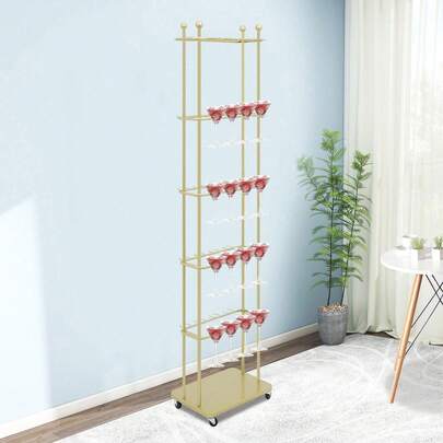 Gold 5-Tier Wine Glass Rack On Wheels, Holds 40 Glasses, Durable Iron Construction, Stylish Mobile Design For Parties And Gatherings