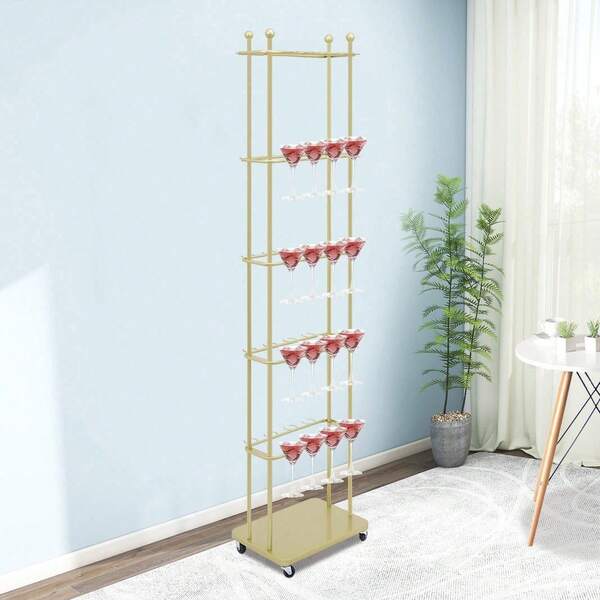 Gold 5-Tier Wine Glass Rack On Wheels, Holds 40 Glasses, Durable Iron Construction, Stylish Mobile Design For Parties And Gatherings