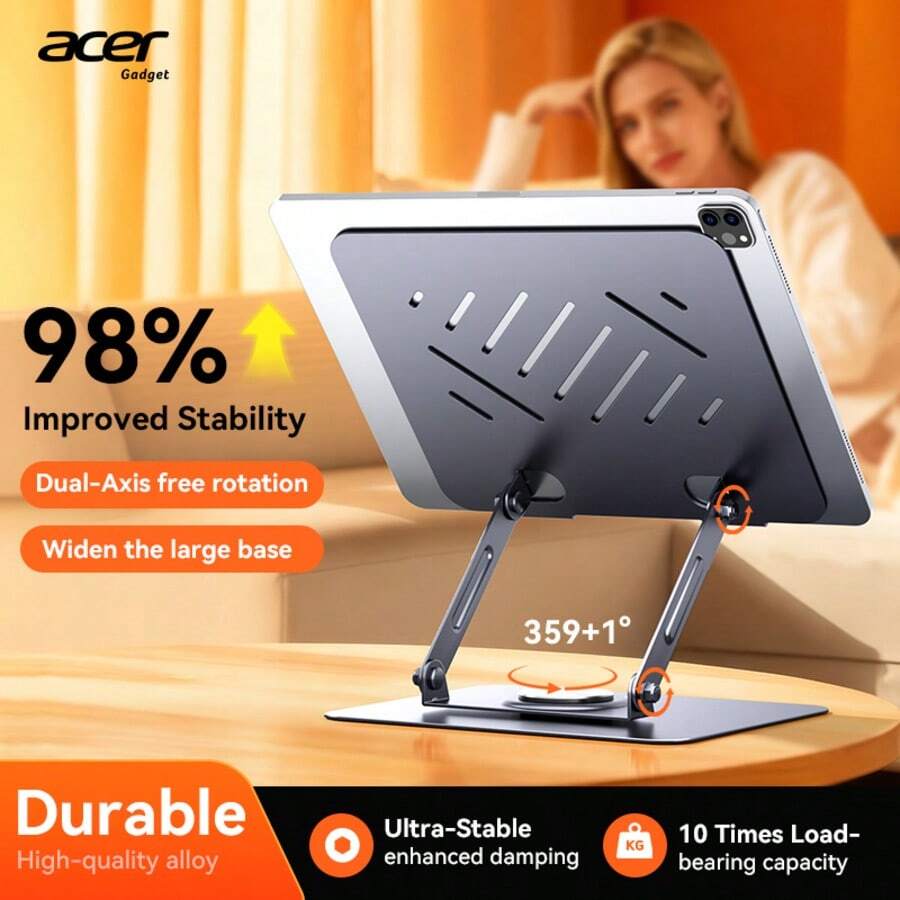 Acer AMS021 Laptop & Tablet 2-In-1 Desktop Stand, Ergonomic Riser, Silicone Non-Slip Foldable Portable, Adjustable Height, Carbon Steel Structure High-Efficiency Cooling Base, Fits Laptops & Tablets Up To 18 Inches - Grey - View 1