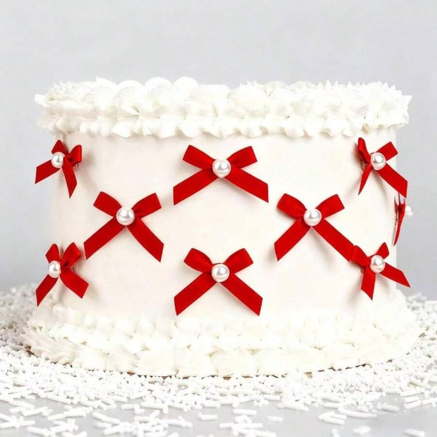 优雅的红色蝴蝶结蛋糕装饰，适用于生日、婚礼、情人节、毕业典礼等各种场合。 - 彩色 - 查看 1