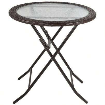 Round Folding Camping Table Ø68cm With Rattan Decor And Sturdy Steel Frame, Ideal For The Garden And Picnics.