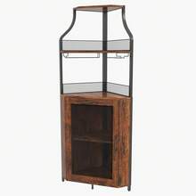 Gabinete de Vinos de Esquina de 5 Niveles Estilo Industrial, con Soporte para Copas de Vino y Estantes Ajustables, Gabinete de Almacenamiento de Licores con Puerta de Rejilla y Deflector, Bar de Hogar, Color Marrón - Marrón - Ver 8